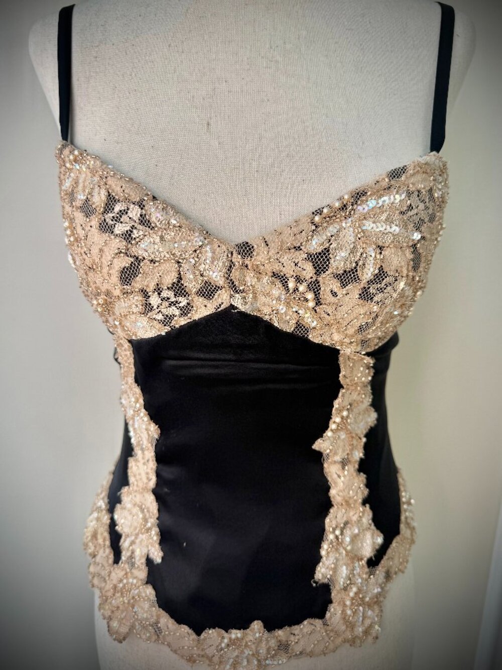 Cache 100% Silk Black & Champagne lace Bustier with Pearls & Sequin, Sz 2